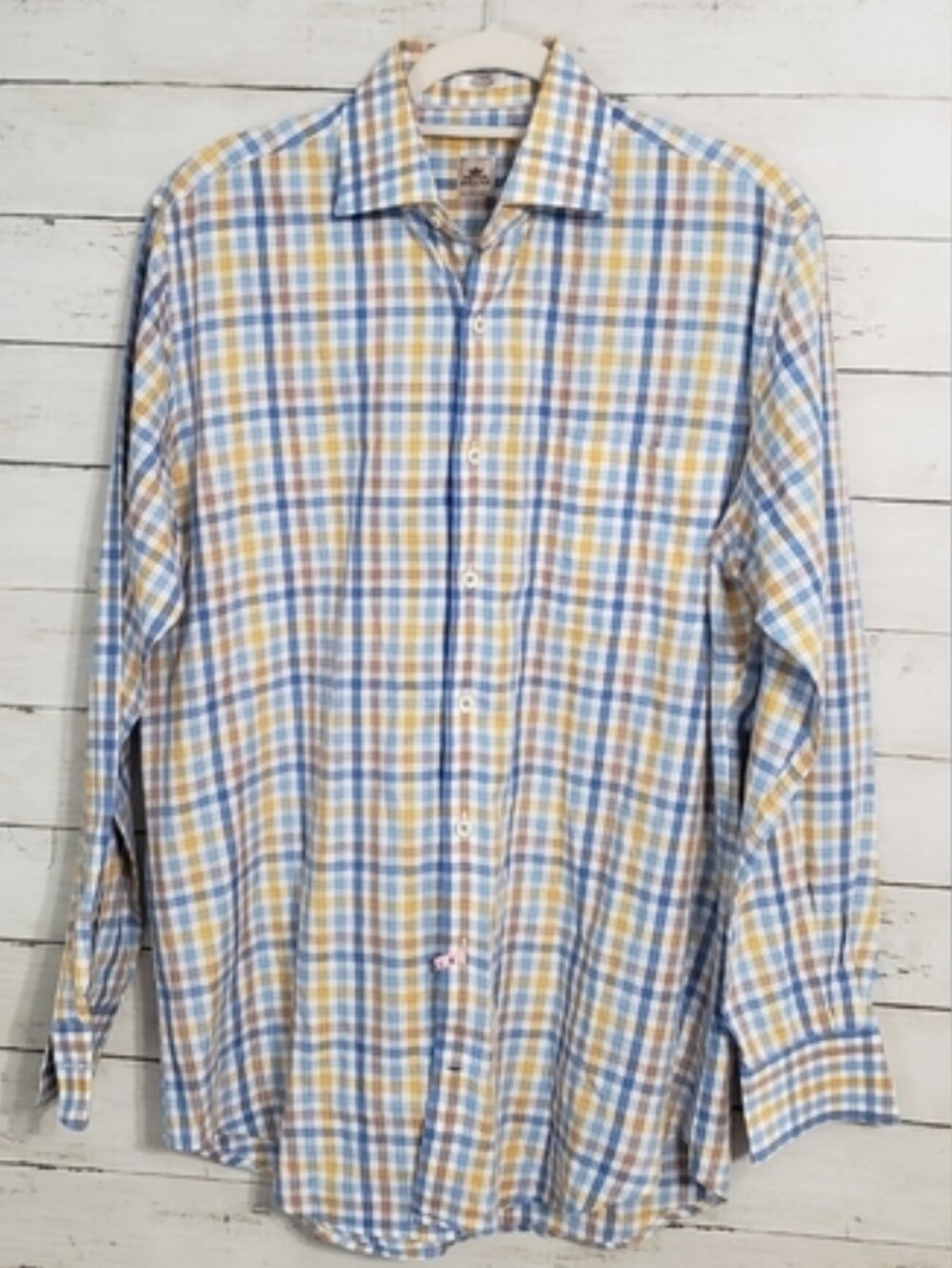 Peter Millar Blue and Yellow Plaid Shirt Medium Long Sl Spring Luxury Casual